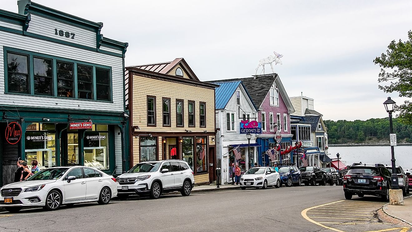 Vibrant buildings lined along Main Street in downtown Bar Harbor, Maine. Editorial credit: Miro Vrlik Photography / Shutterstock.com