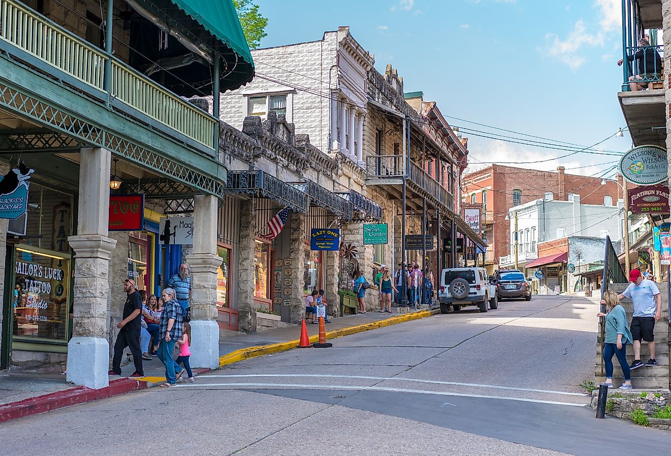 Downtown street in Eureka Springs, Arkansas. Image credit shuttersv via Shutterstock