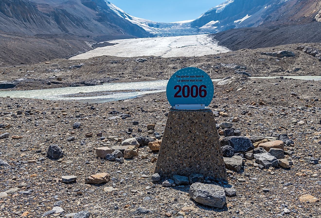 The melting Athabasca Glacier with the retreat between 2006 and 2023 due to climate change and global warming, Jasper National Park, Icefields Parkway, Canada.