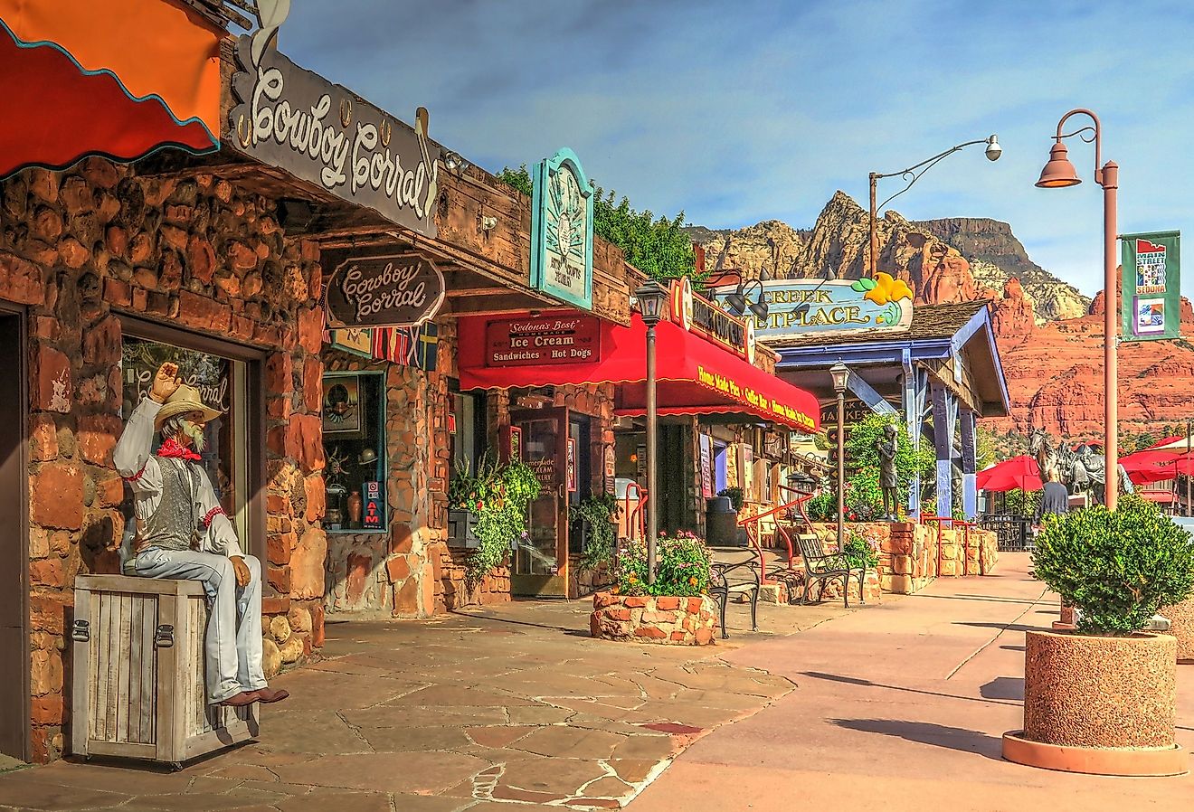 Downtown tourist area in quaint Sedona, Arizona. Image credit Lynne Neuman via Shutterstock.