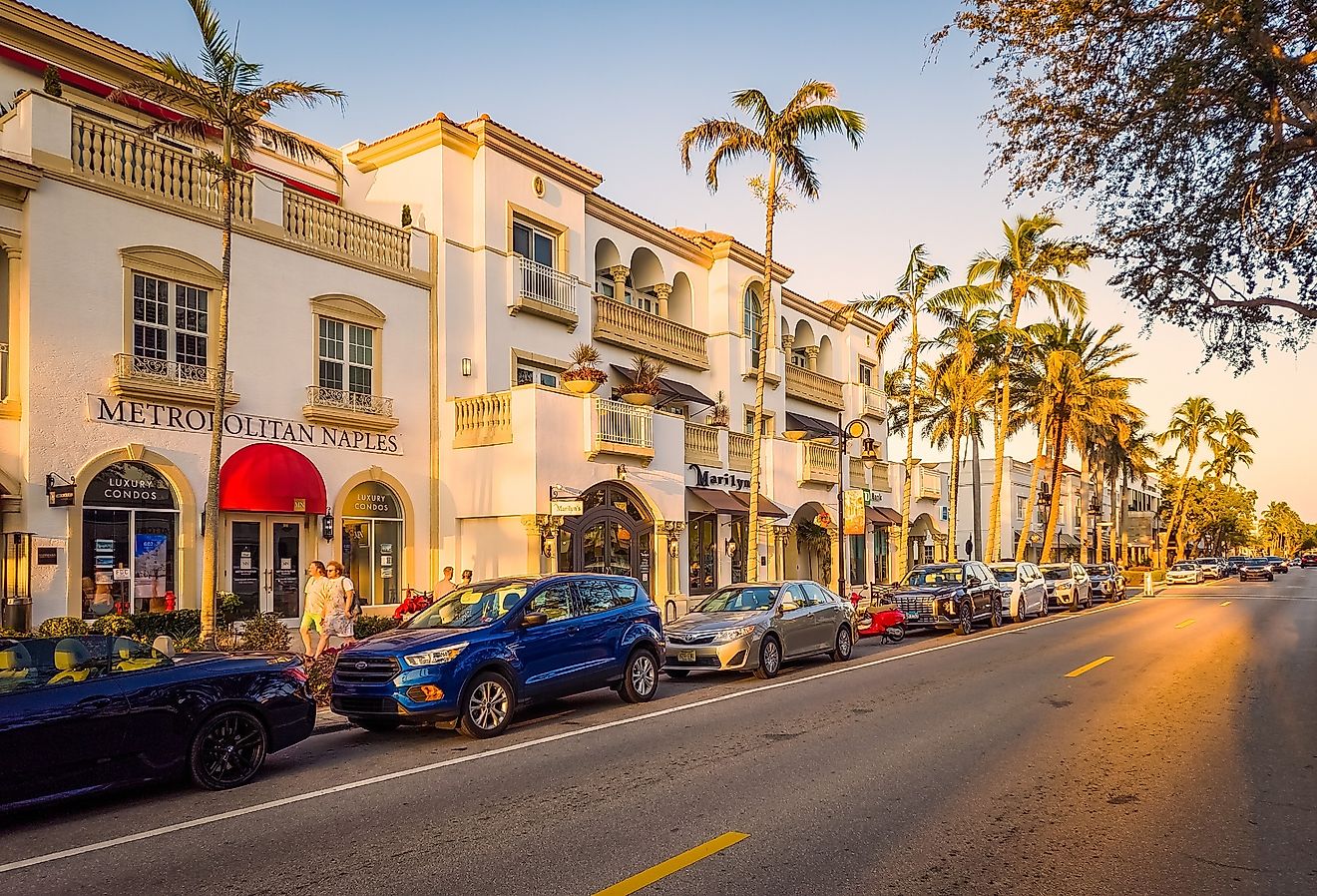 5th avenue at sunset, in Naples, Florida. Image credit Mihai_Andritoiu via Shutterstock