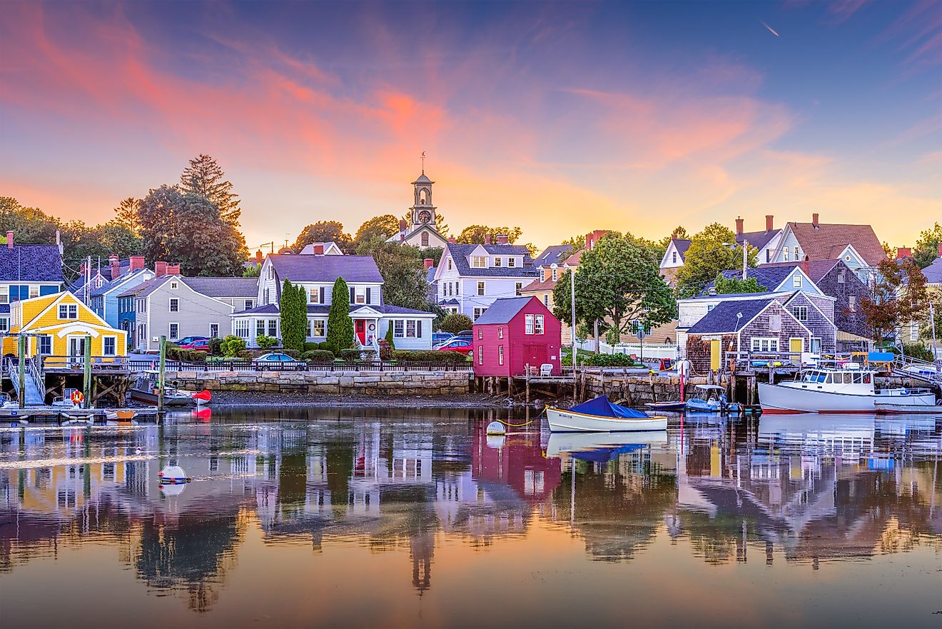 View of the waterfront lined with buildings in Portsmouth, New Hampshire.