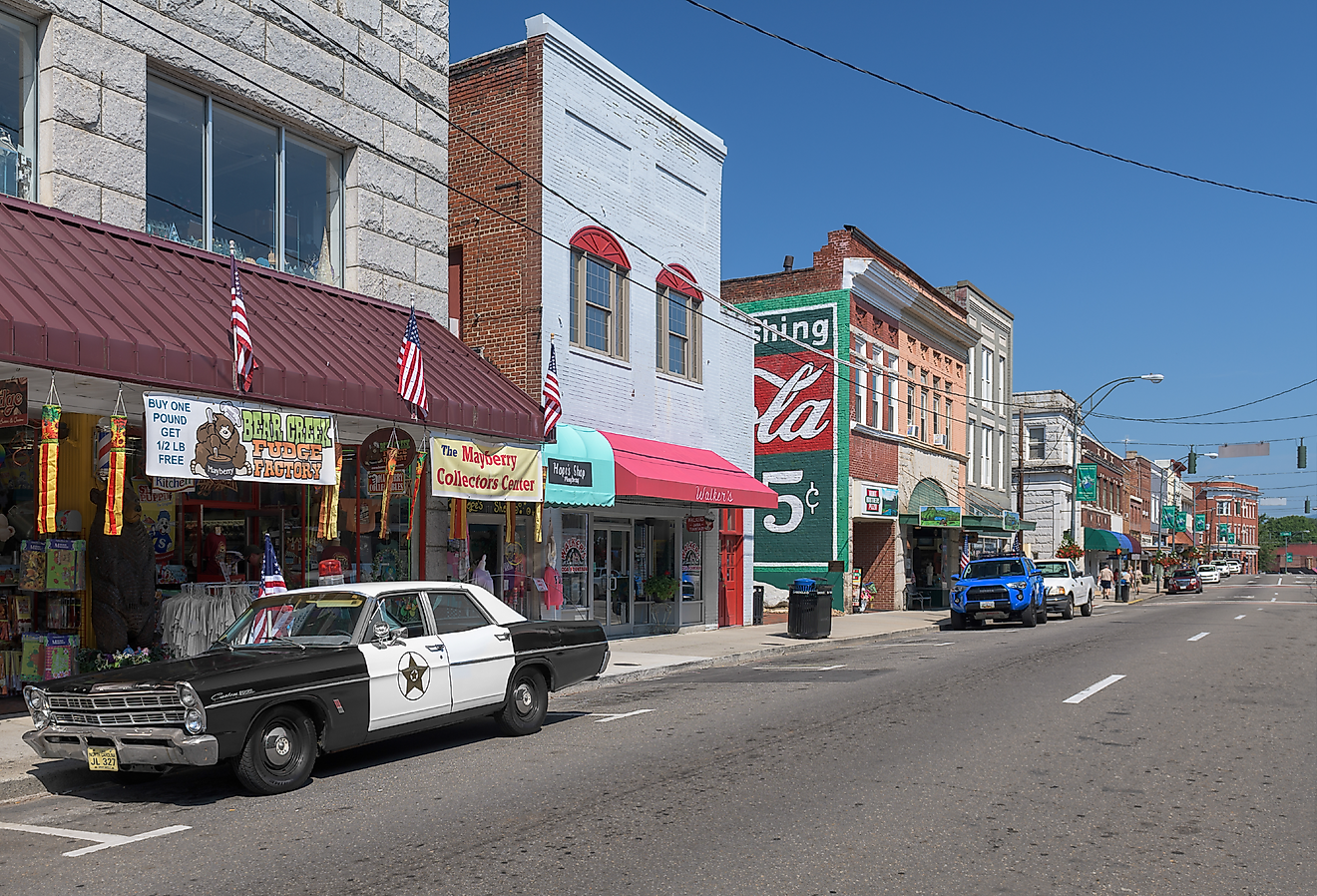 Downtown Mount Airy ("Mayberry") from Main Street in Mount Airy, North Carolina. Image credit Nagel Photography via Shutterstock