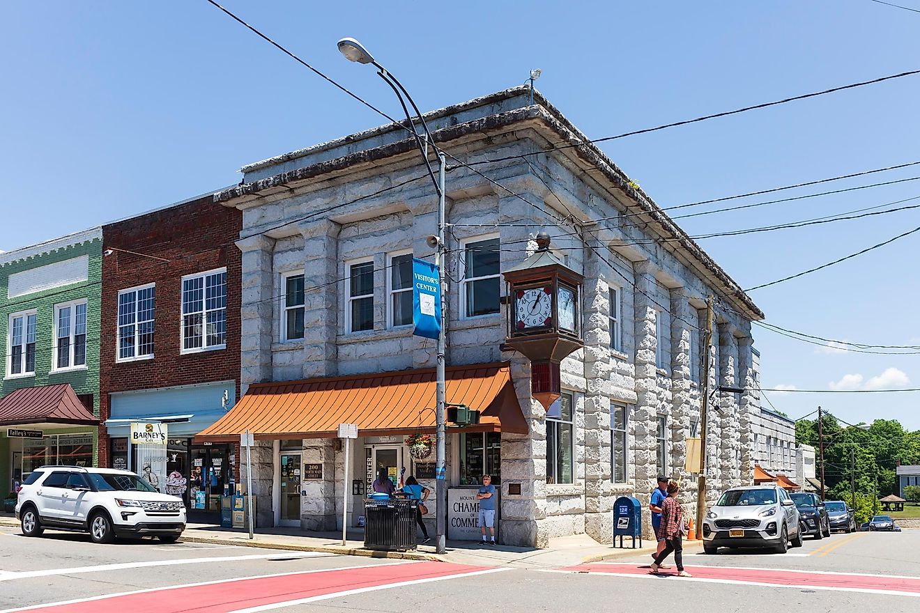 Mount Airy, North Carolina: The Mount Airy Chamber of Commerce and Visitors' Center set on Main Street. Editorial Credit: Nolichuckyjake via Shutterstock.