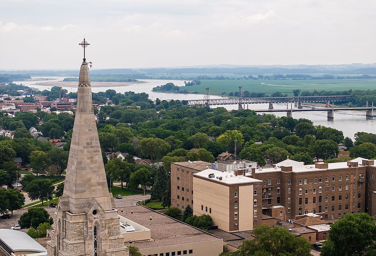 An aerial view of a cathedral near the Missouri river in Yankton, South Dakota.