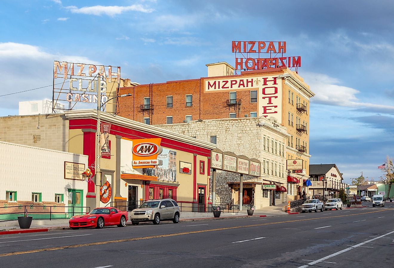 Old historic hotel, casino, and bar Mizpah in the old mining town of Tonopah, Nevada. Image credit travelview via Shutterstock