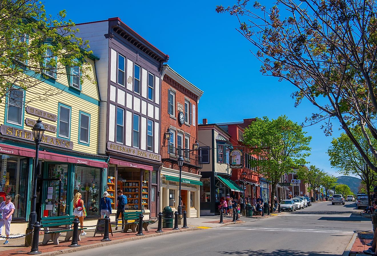 Sherman's Book Store and Stadium restaurant at 58 Main Street in historic town center of Bar Harbor, Maine. Image credit Wangkun Jia via Shutterstock.