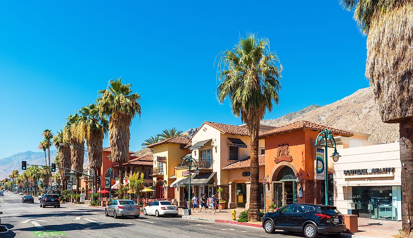  A street with shops in downtown Palm Springs, california