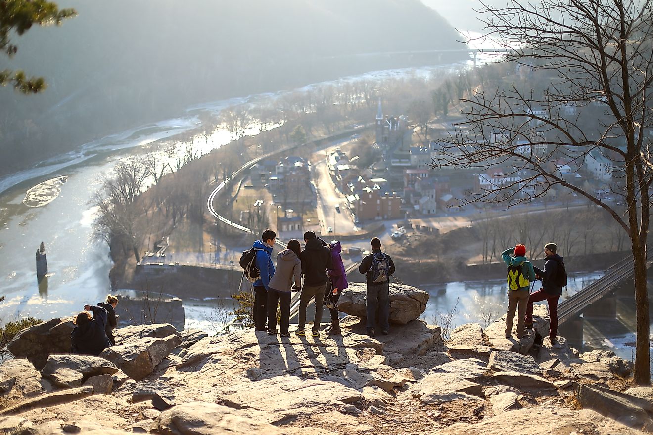 People enjoy the view from the Overlook Point in Harpers Ferry, West Virginia. Editorial credit: Nicole Glass Photography / Shutterstock.com.