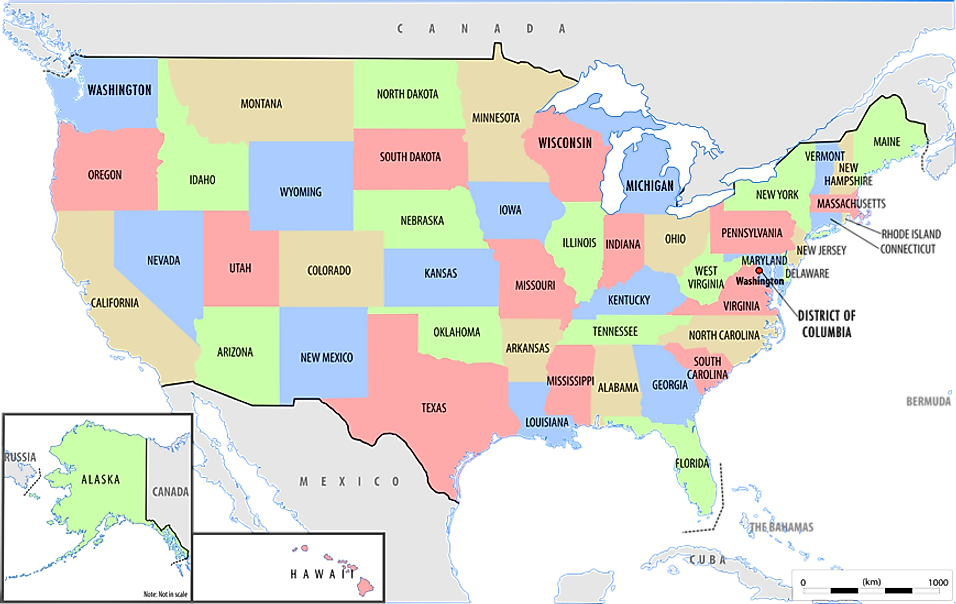 美国各州地图。 标有美国各州的政治地图。