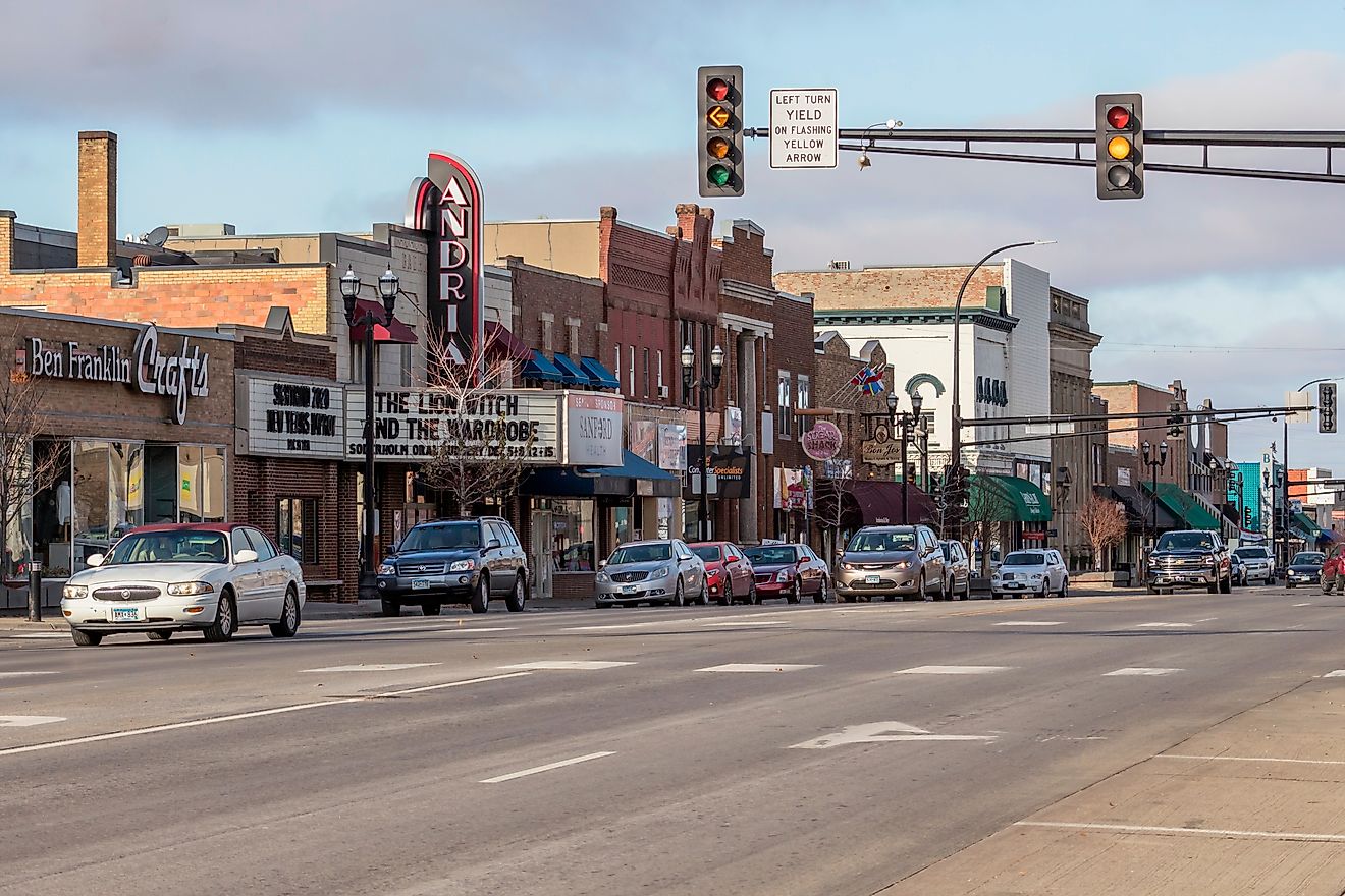 A Telephoto Shot Compressing the Main Street Architecture in Downtown Alexandria, Minnesota, Editorial credit: Sam Wagner / Shutterstock.com