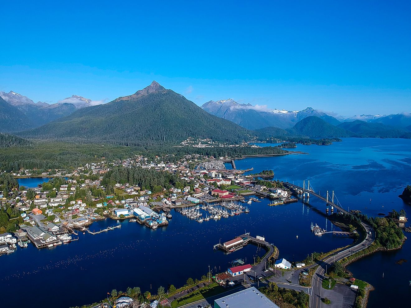 Aerial view of Sitka, Alaska, with Mount Verstovia in the background.