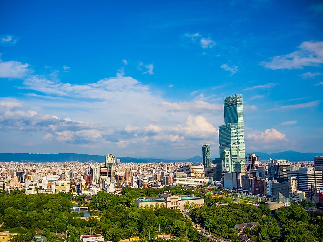 Skyline of Osaka dominated by the Abeno Harukas building. Editorial credit: Tumstation / Shutterstock.com