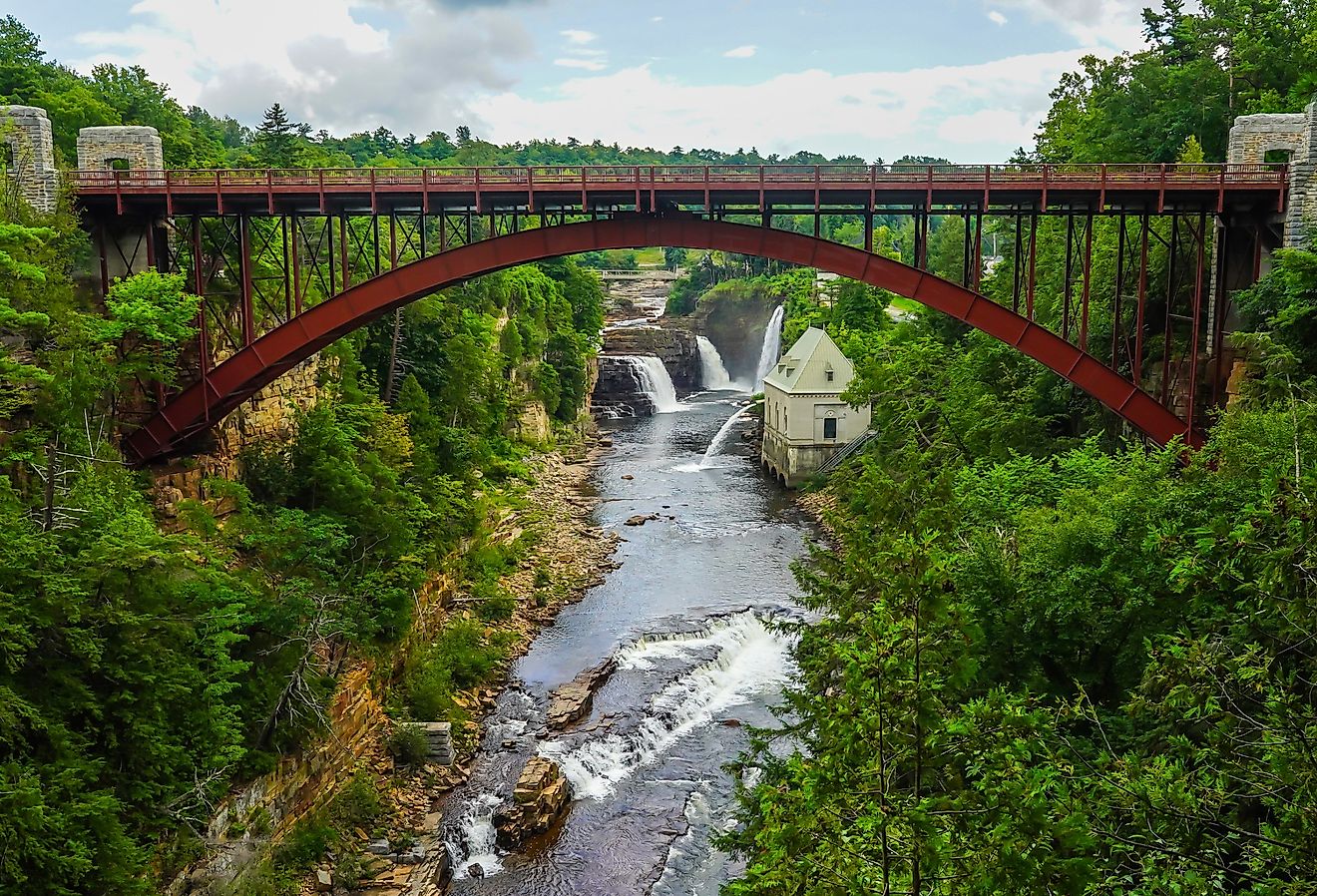 Bridge and Rainbow Falls at Ausable Chasm in Upstate New York, Adirondacks region.