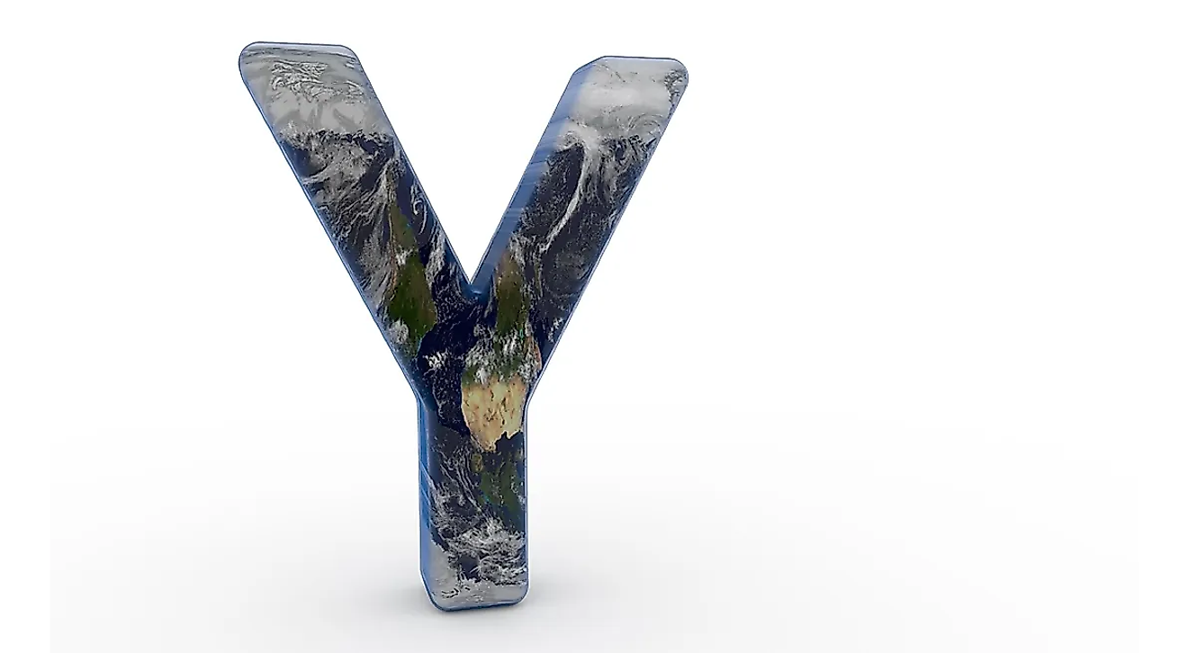 The Letter "Y" decorated in the features of Planet Earth.