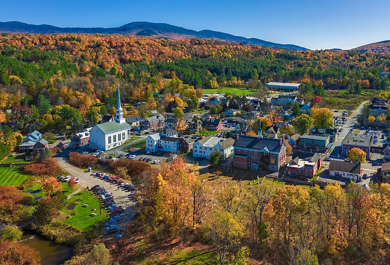 The charming small town of Stowe, Vermont, in autumn.