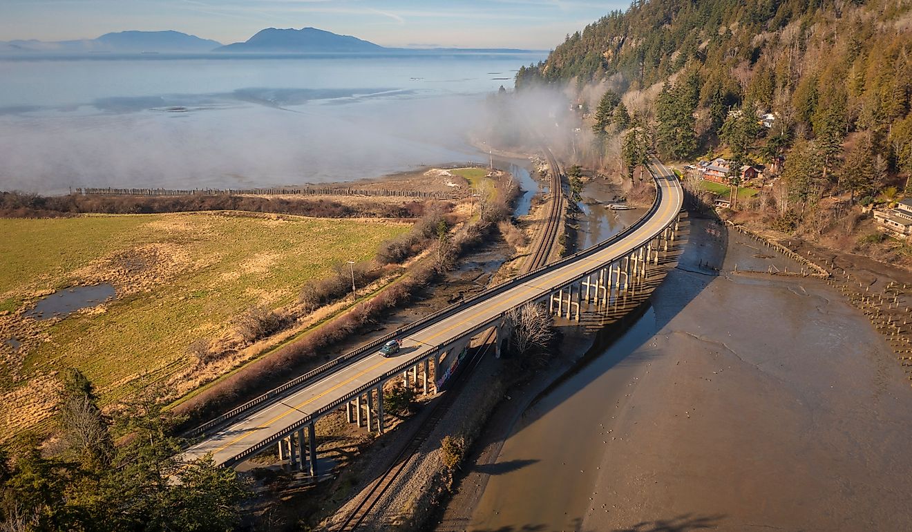 Aerial View of Chuckanut Drive and the Blanchard Bridge in the Skagit Valley. 