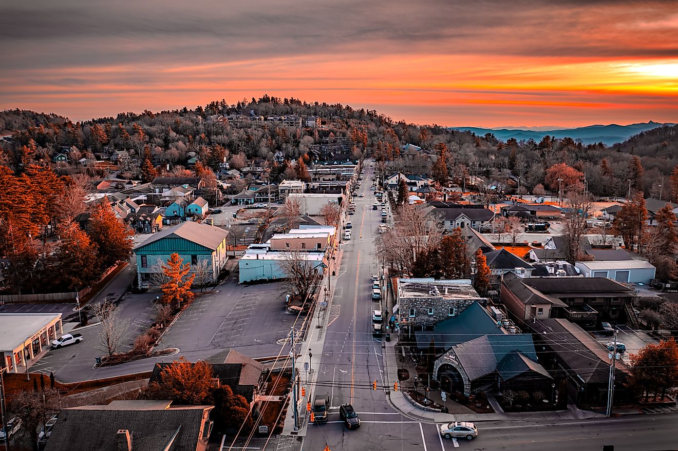 Aerial view of sunset down Main Avenue in Blowing Rock, North Carolina. Editorial credit: Jeffery Scott Yount / Shutterstock.com