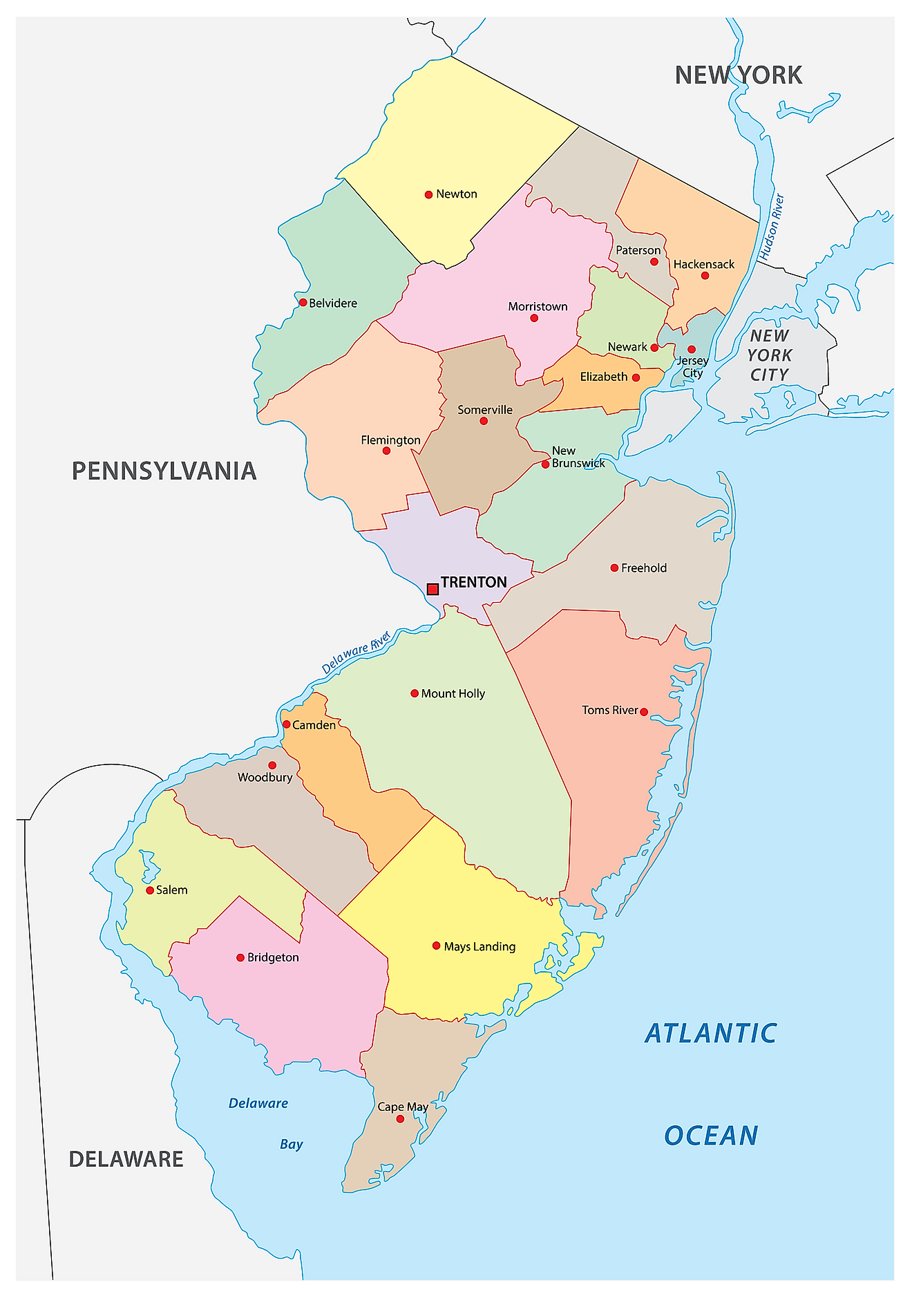Administrative Map of New Jersey showing its 21 counties and the capital city - Trenton