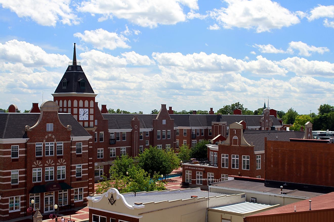 Aerial view of Pella, Iowa, showcasing its Dutch-inspired architecture.