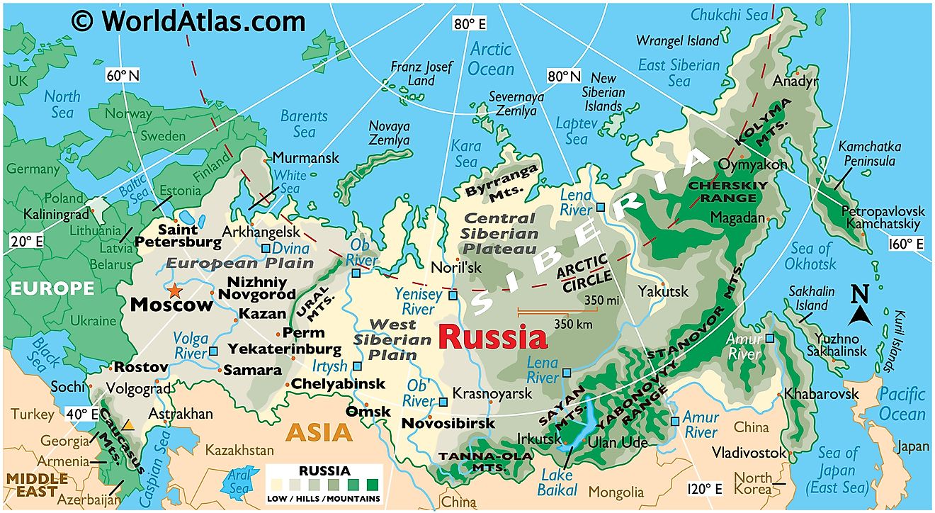 Physical map of Russia showing its state boundaries, relief, major rivers, extreme points, national parks, major cities, Lake Baikal, and more.
