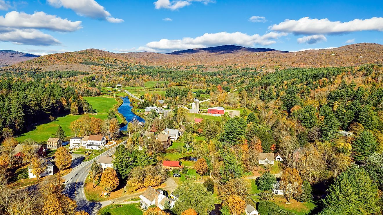 Aerial view of Weston, Vermont, during the colorful fall season.