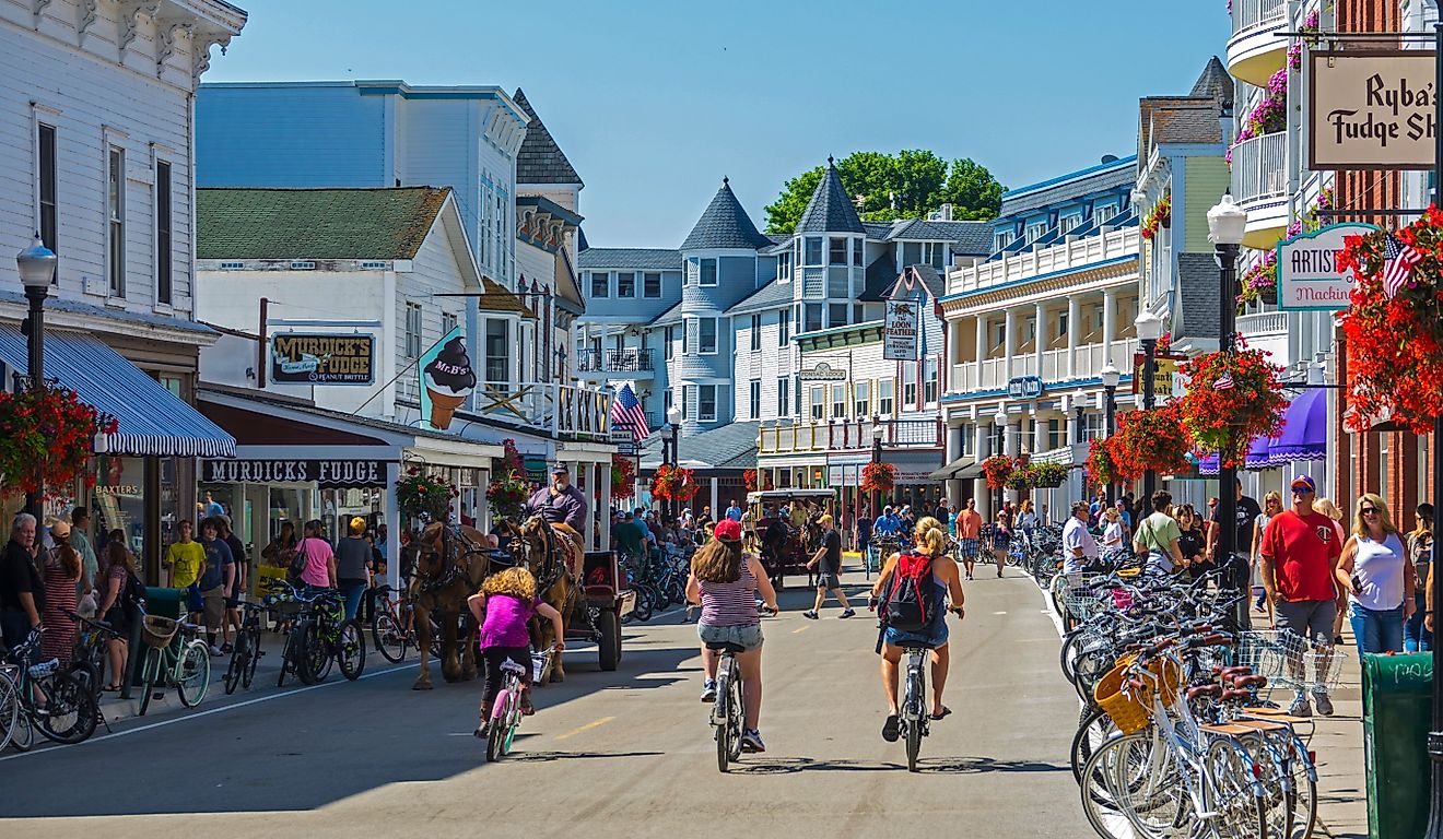 Crowded street view of Mackinack Island, Michigan during the busy tourist season. Editorial credit: Dennis MacDonald / Shutterstock.com