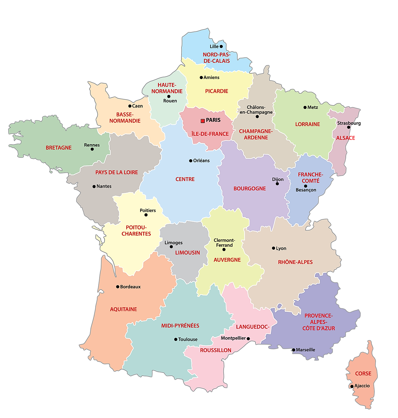 Regiones de Francia mostrando sus 18 regiones y la ciudad capital de París. Mapa Politico Francia