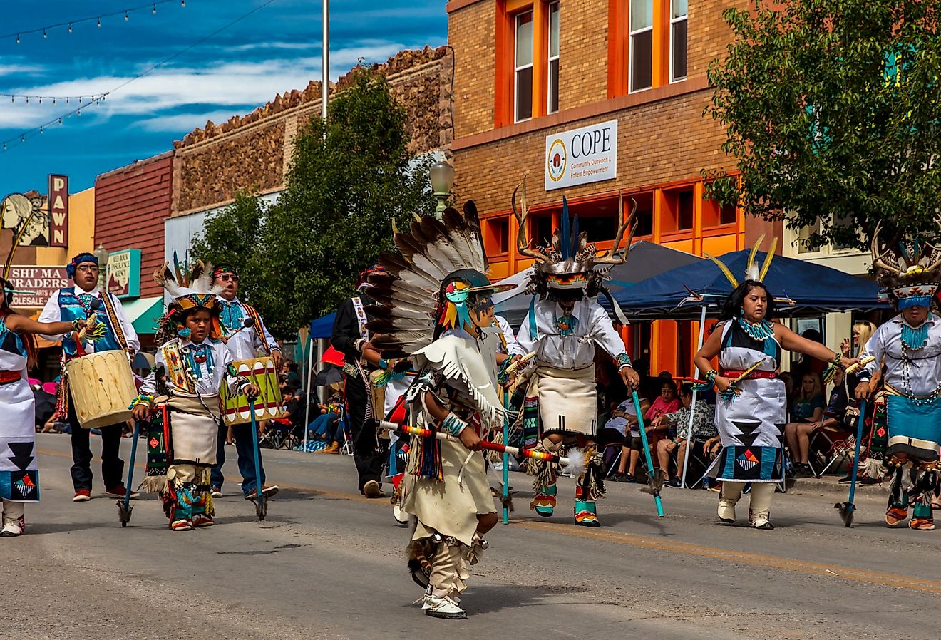 Downtown street during the 98th Gallup Inter-tribal Indian Ceremonial, Gallup, New Mexico. Image credit Joseph Sohm via Shutterstock