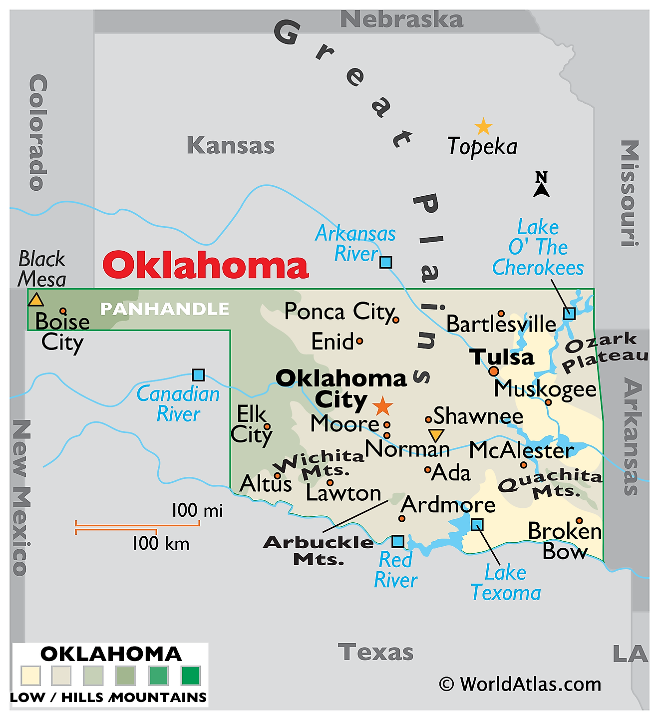 Mappa fisica di Oklahoma. Essa mostra le caratteristiche fisiche di Oklahoma tra cui catene montuose, grandi fiumi e laghi.