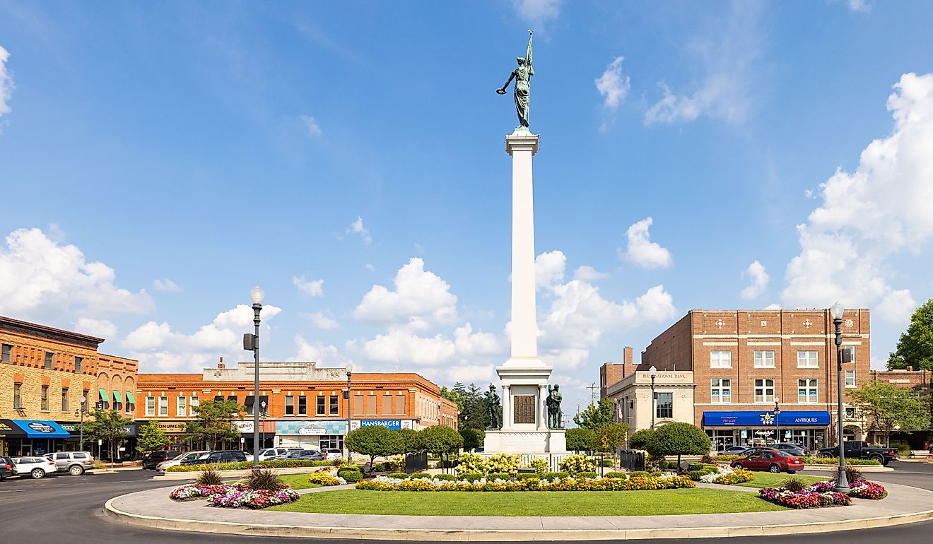 The Steuben County Soldiers Monument in downtown, Angola, Indiana. Editorial credit: Roberto Galan / Shutterstock.com