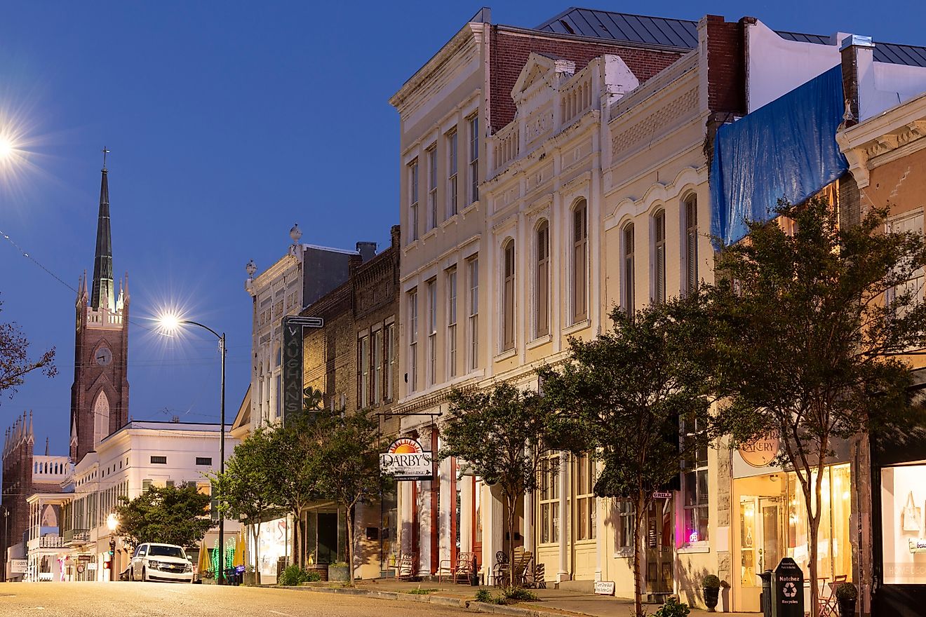 Twilight light descends on a quiet downtown Natchez landscape. Editorial credit: Matt Gush / Shutterstock.com