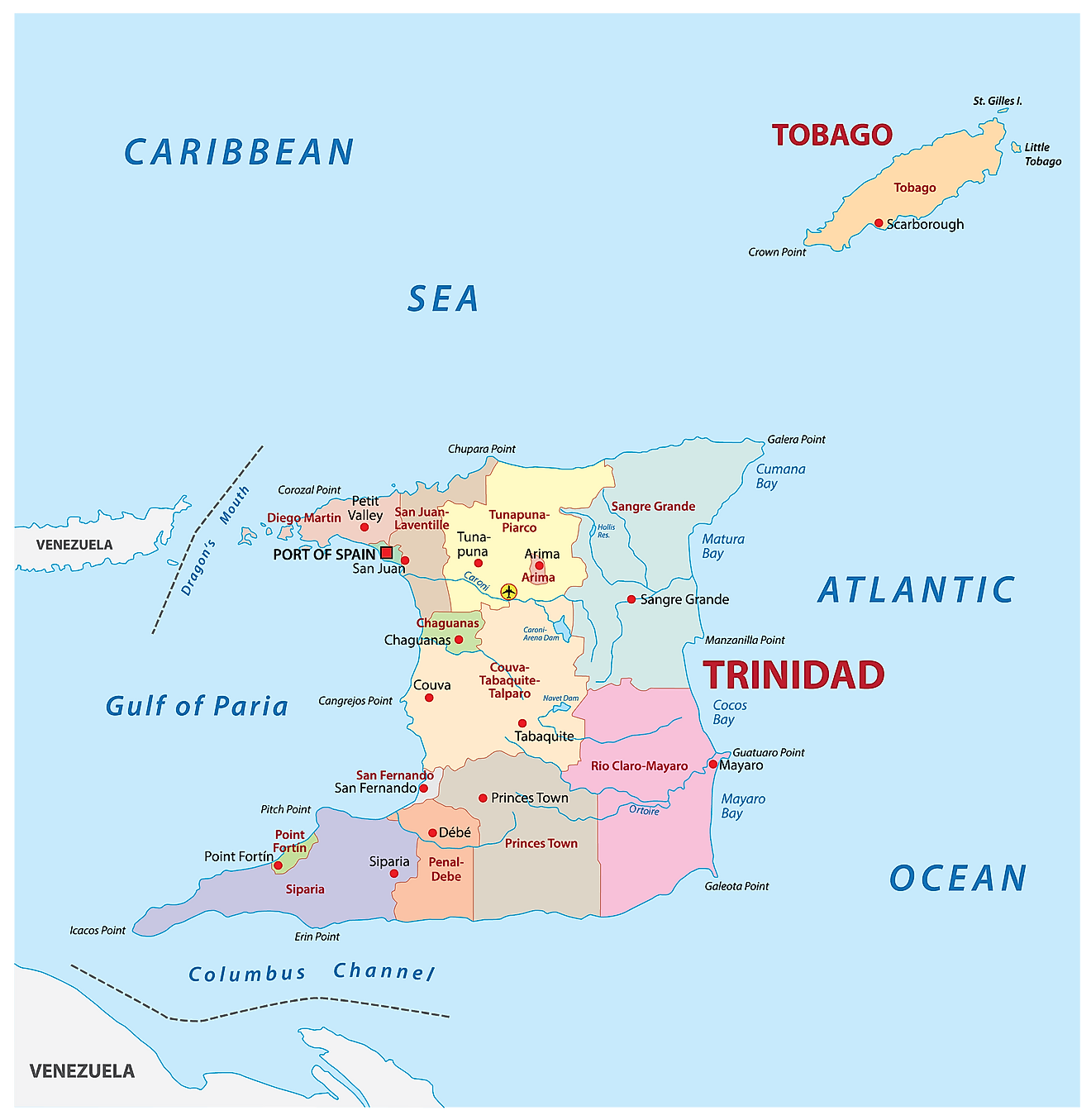 Regions And Municipalities Of Trinidad And Tobago Map 