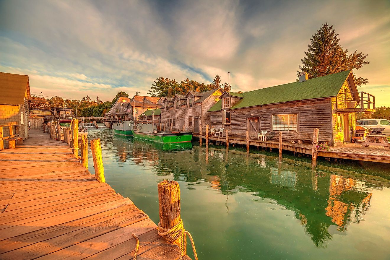 Sunset view of Fishtown, the historic district in Leland, Michigan.