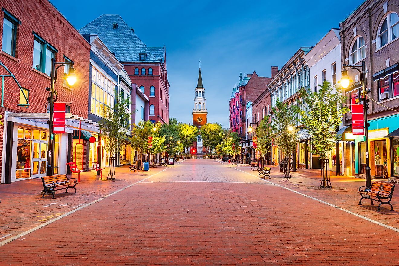 Church Street Marketplace in Burlington, Vermont, at twilight.