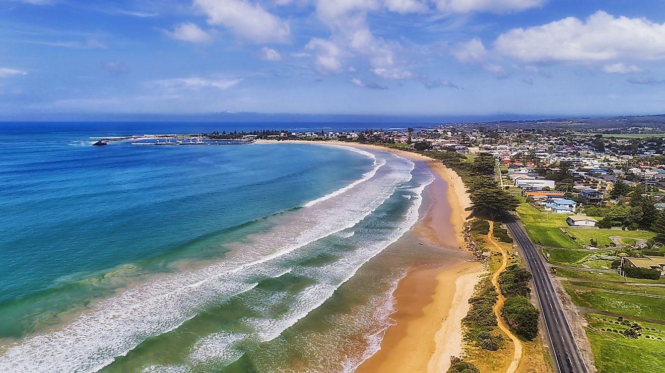 Aerial view of Apollo Bay, a coastal town in Victoria, Australia.