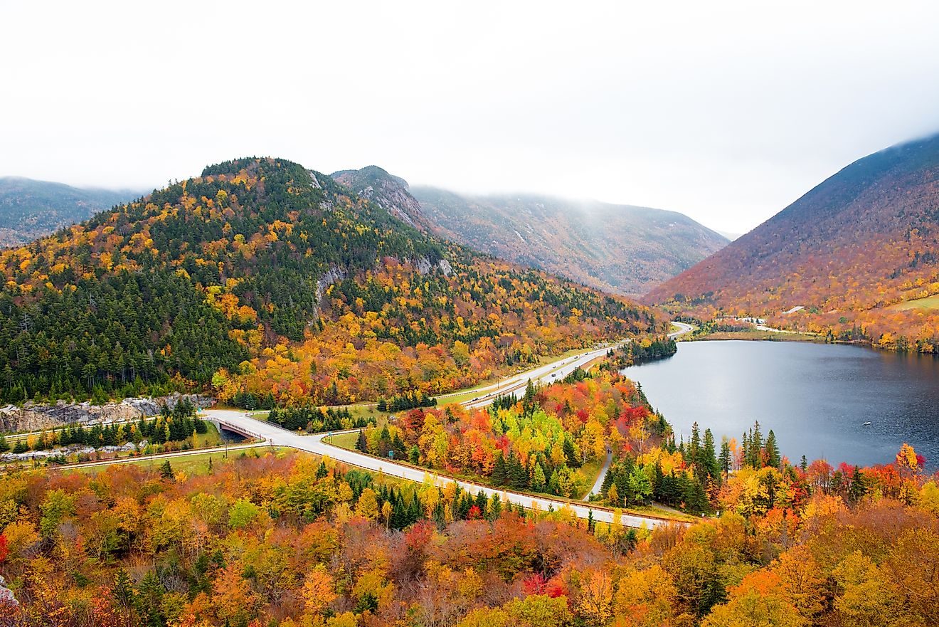 Scenic fall foliage in Franconia Notch State Park along the town of Franconia, New Hampshire.