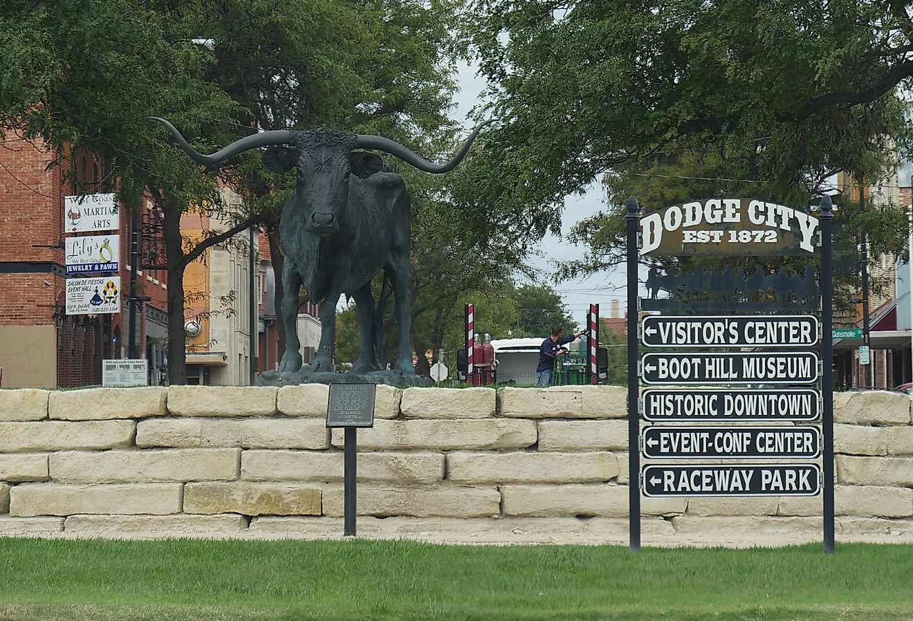 The El Capitan Longhorn Statue is one of the tourist attractions in Dodge City, Kansas. Image credit RaksyBH via Shutterstock