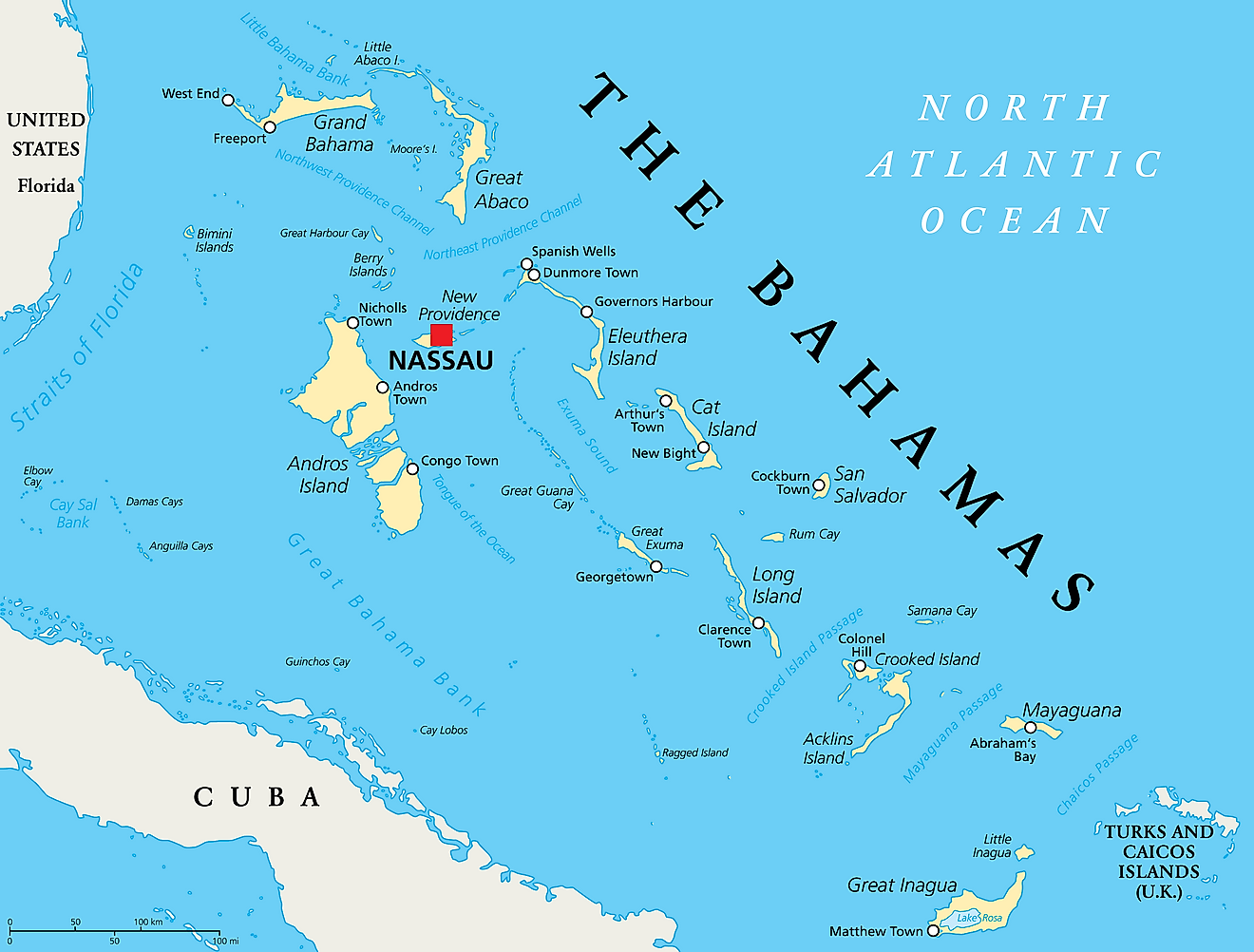 Mapa político de las Bahamas que muestra sus 31 distritos y la ciudad capital de Nassau