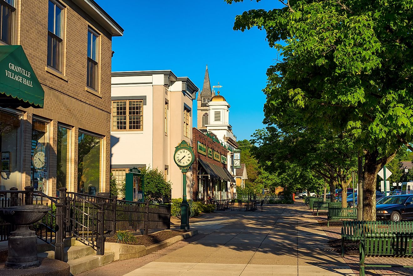 Churches and businesses line the Broadway Avenue in Granville, Ohio. Editorial credit: Kenneth Sponsler / Shutterstock.com.