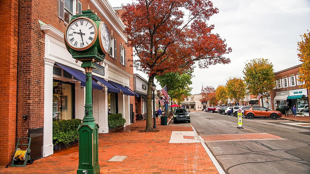 The beautiful Elm Street in downtown New Canaan, Connecticut. Editorial credit: Miro Vrlik Photography / Shutterstock.com.