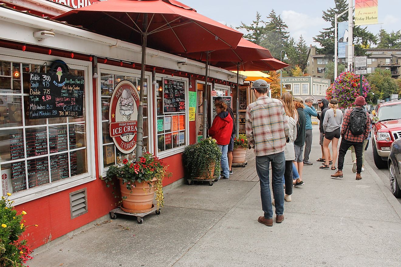 Customers waiting to order at the Friday Harbor Ice Cream Company in Friday Harbor, Washington. Editorial credit: The Image Party / Shutterstock.com.