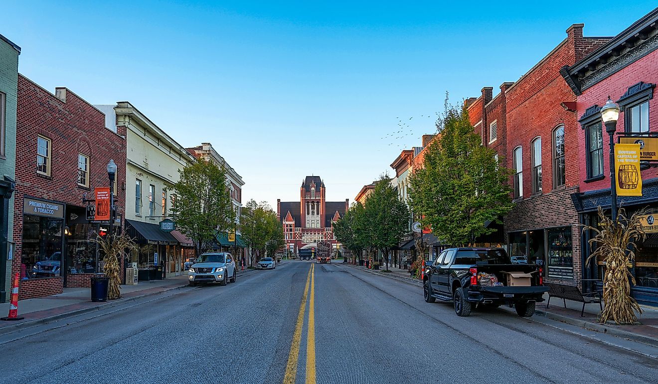 Brick buildings along the main street in Bardstown, Kentucky.  Editorial credit: Jason Busa / Shutterstock.com