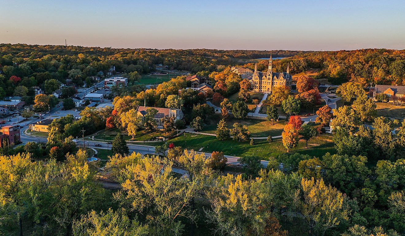 Aerial view of Parkville, MO, featuring Park University and English Landing Park during fall. Editorial credit: Rachael Martin / Shutterstock.com