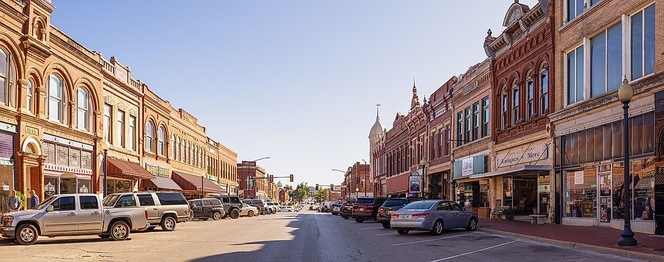 Rustic buildings along Oklahoma Avenue in Guthrie, Oklahoma. Editorial credit: Roberto Galan / Shutterstock.com