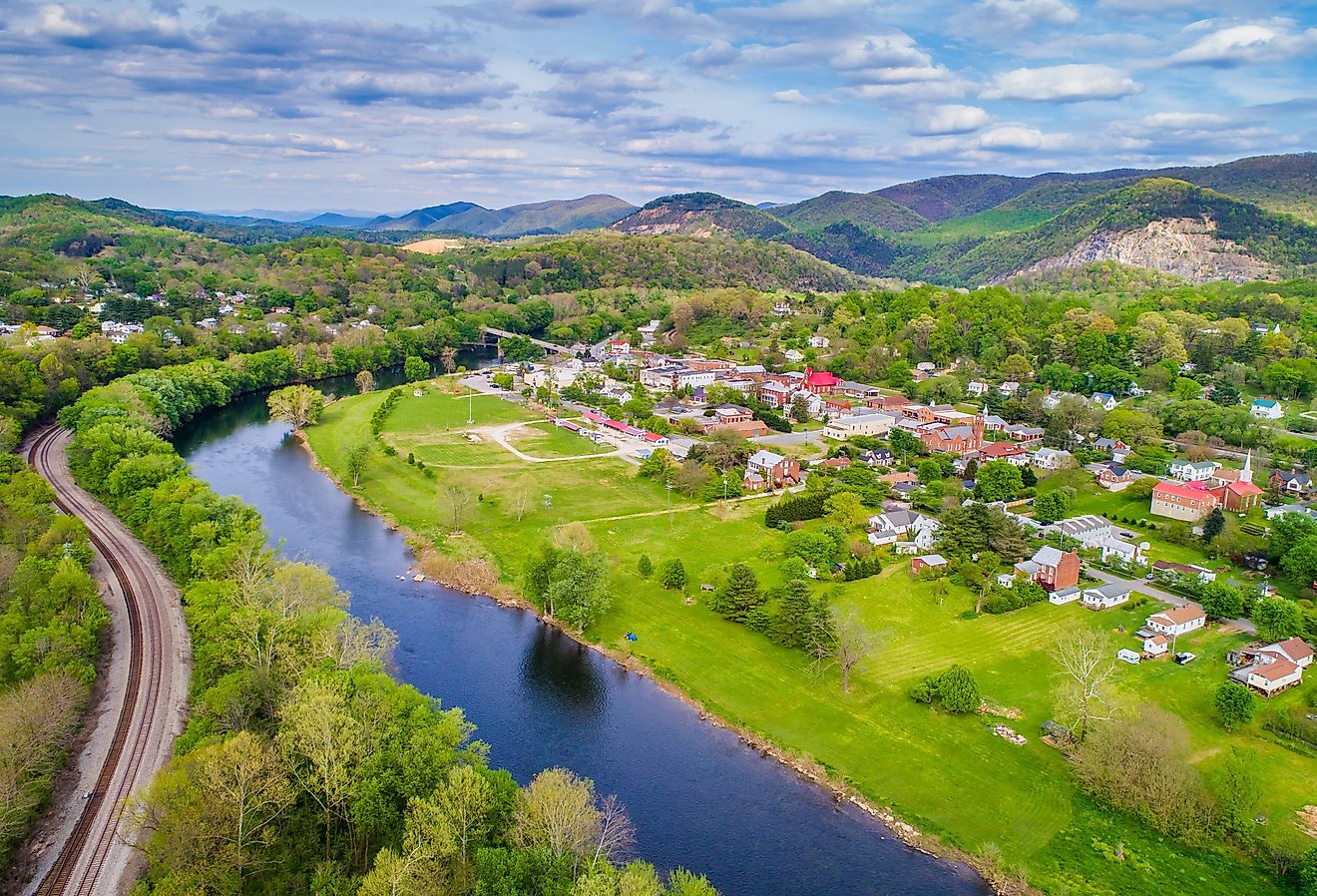 Aerial view of the James River and mountain landscape surrounding Buchanan, Virginia.