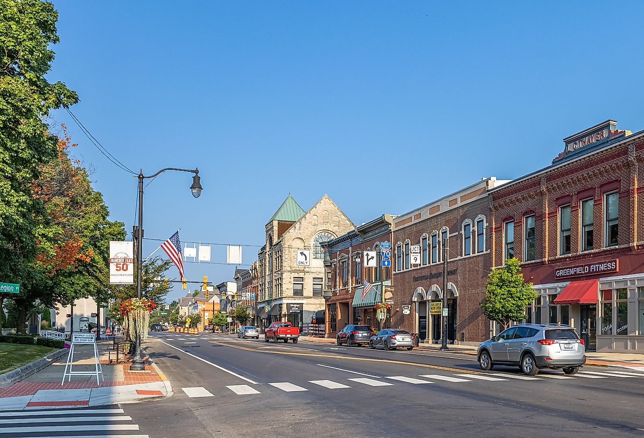 The business district on Main Street, Greenfield, Indiana. Image credit Roberto Galan via Shutterstock