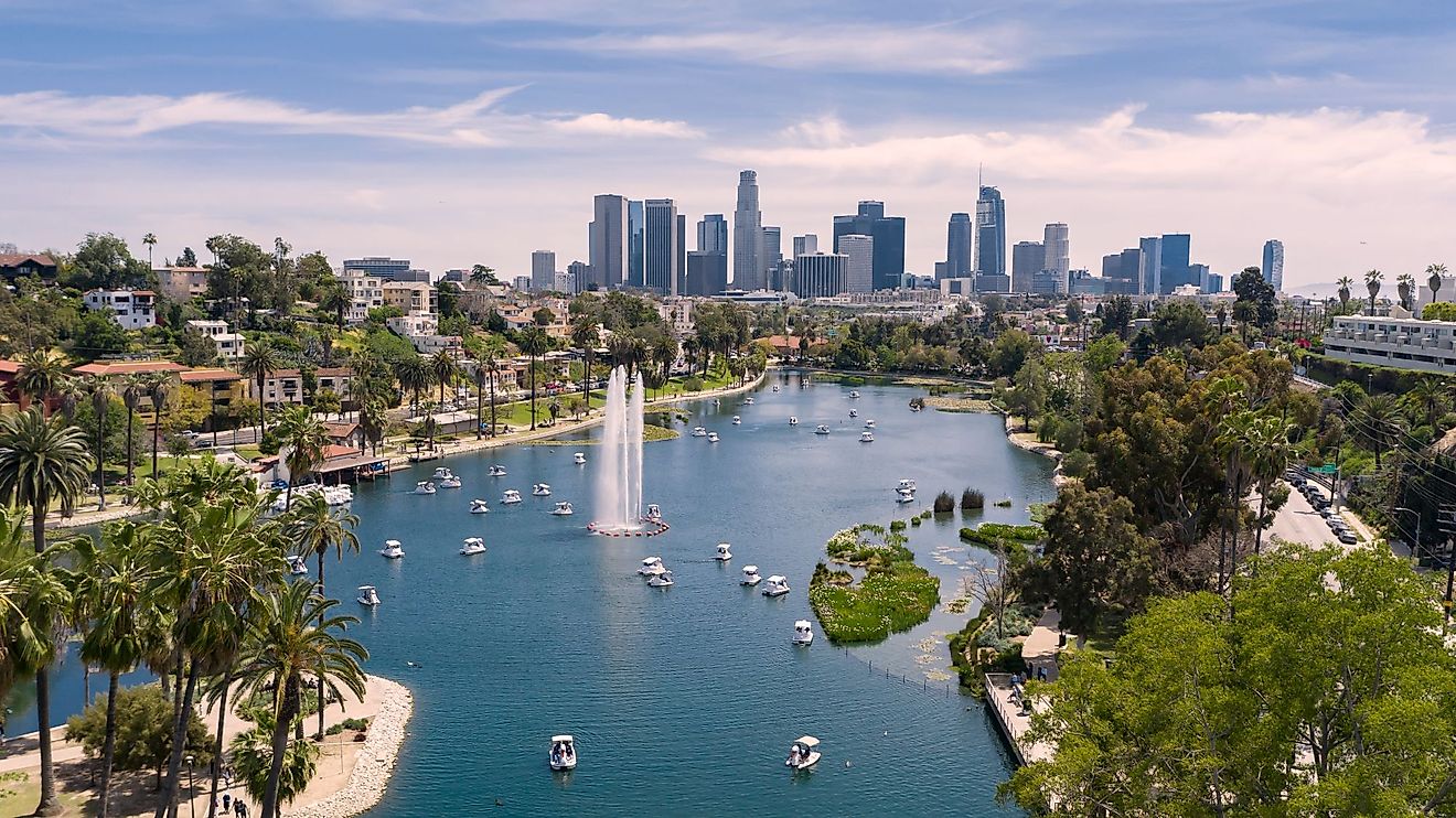 Aerial view of Echo Park with downtown Los Angeles skyline.