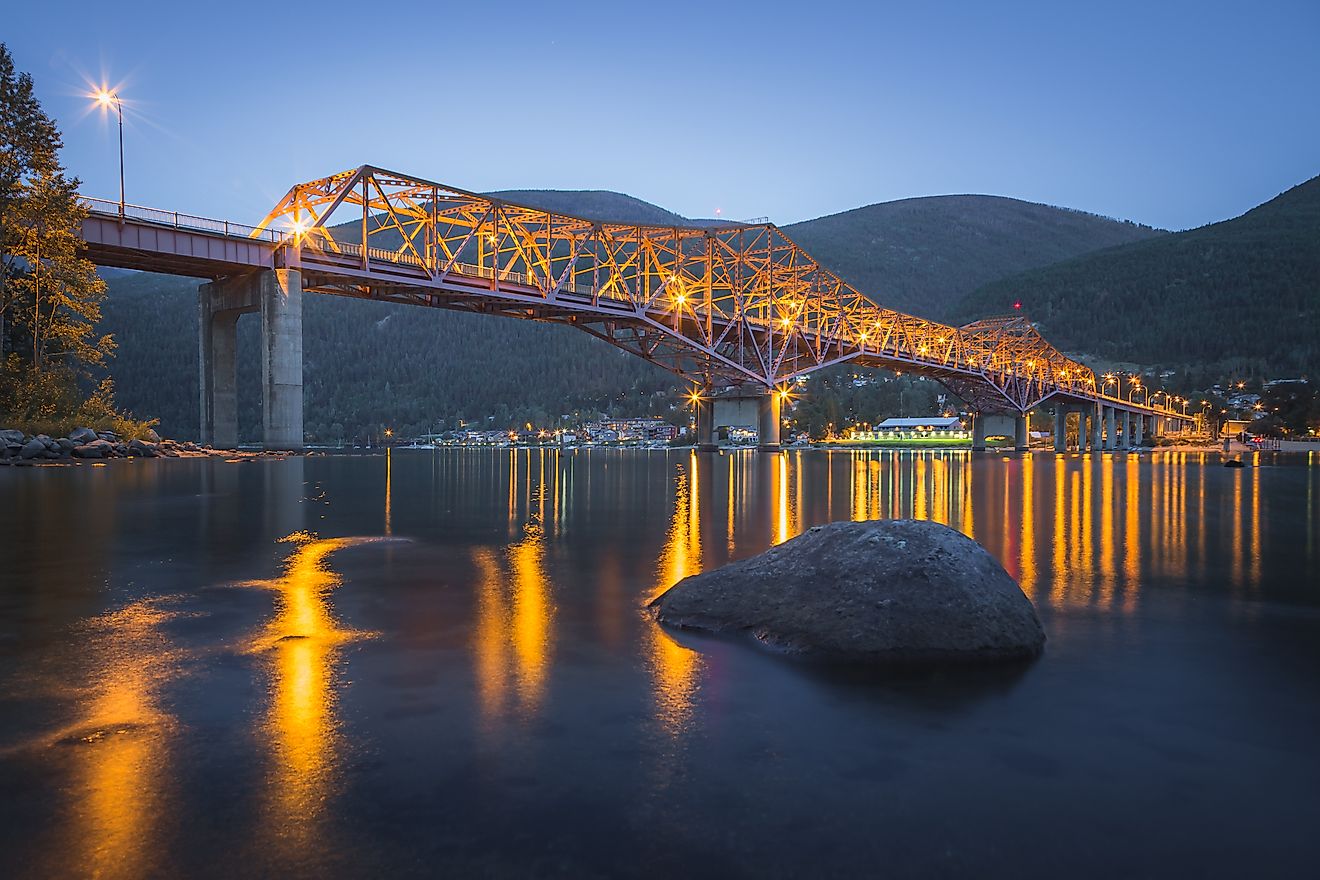 The iconic Big Orange Bridge in Nelson, B.C. on a summer's evening after sunset.