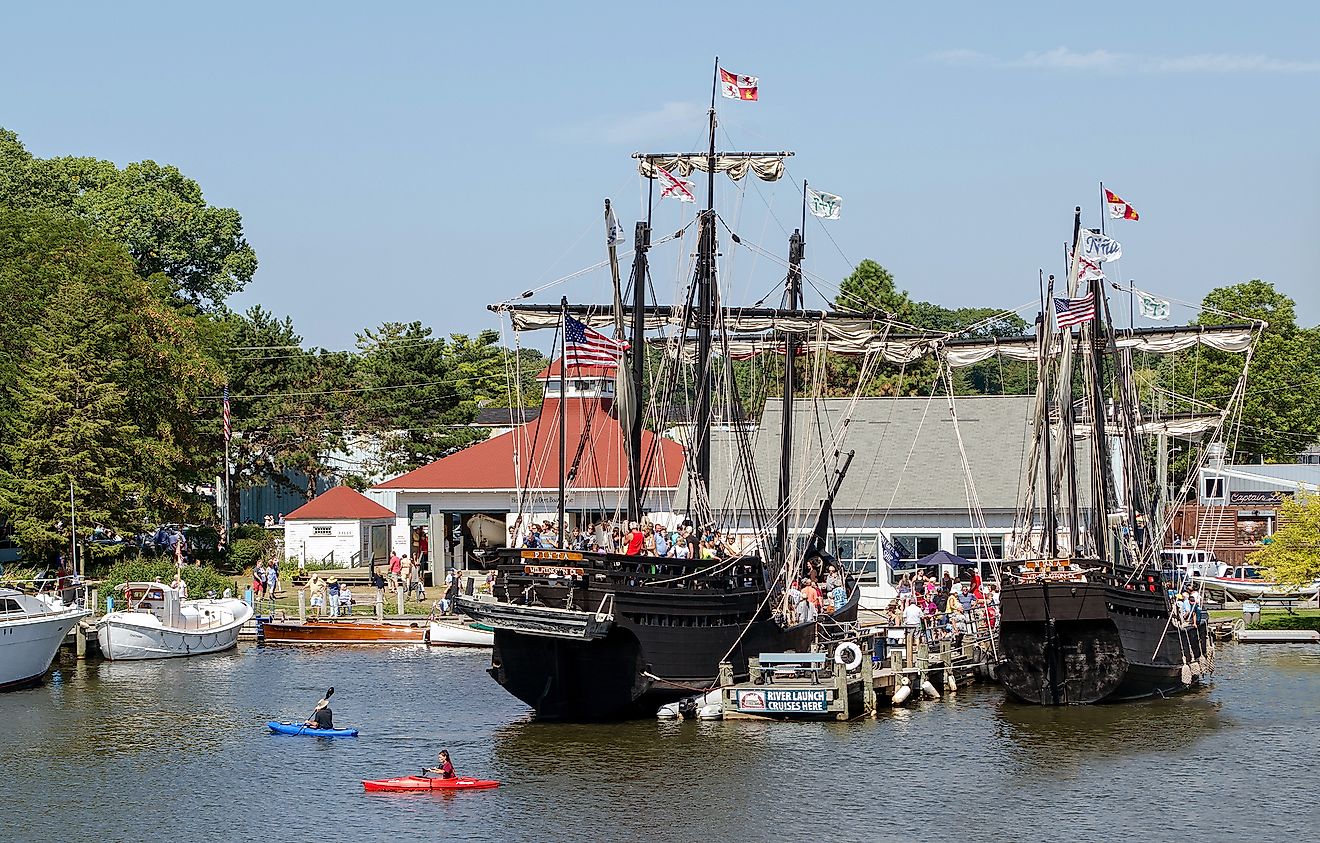 Pinta and Nina, Christopher Columbus replica ships, which are docked for tours in a Great Lakes harbor in South Haven, Michigan. Editorial credit: Susan B Sheldon / Shutterstock.com